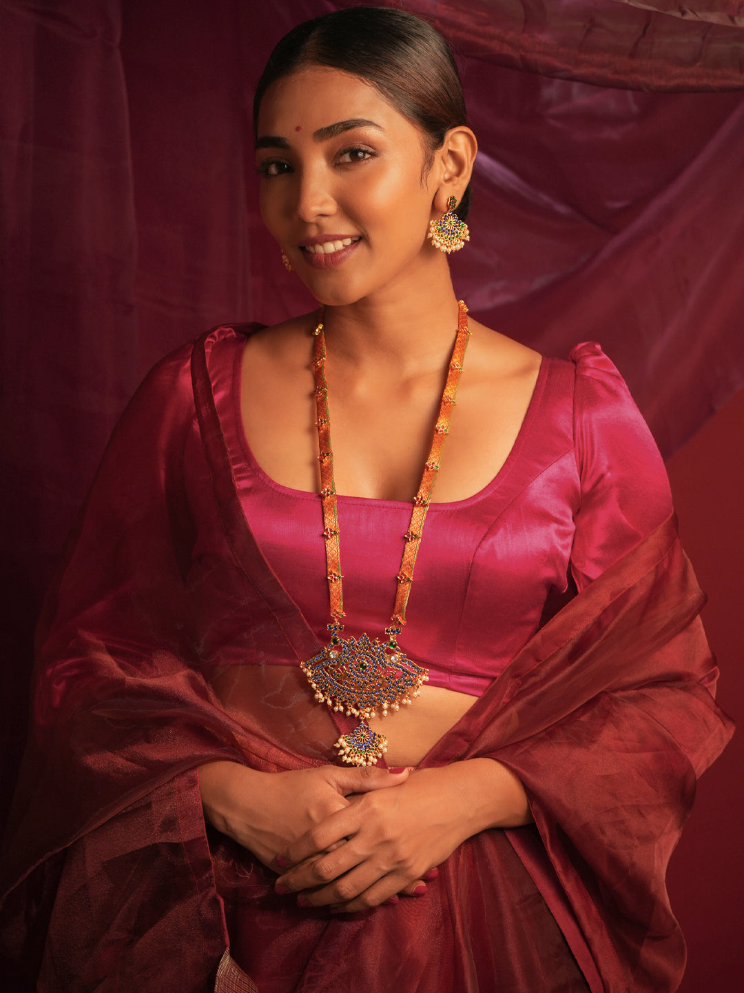 Zarinaaz — Gold Tone Temple Necklace Set- Orange Zari haaram