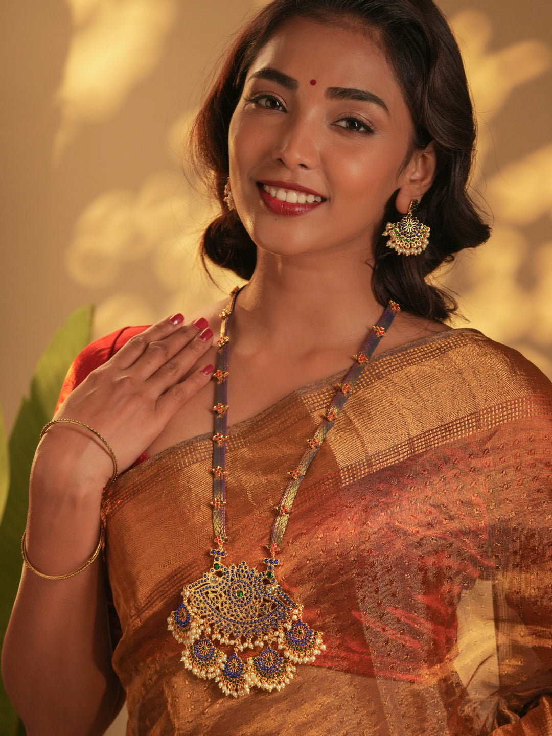 Zarielah — Gold Tone Temple Necklace Set Blue and white Zari haaram