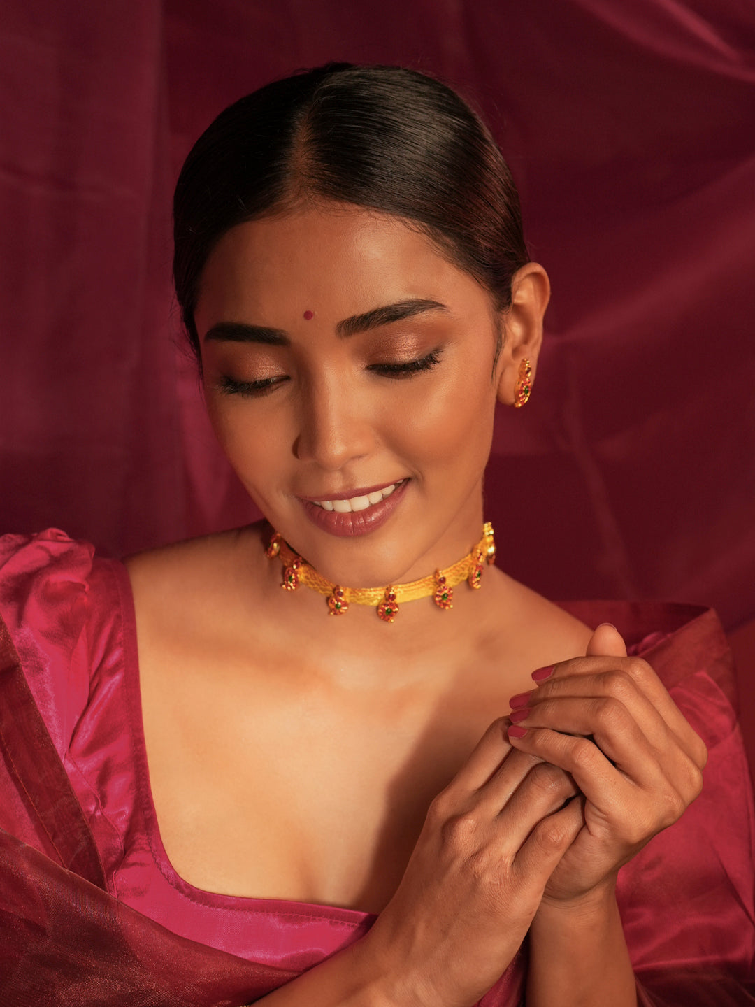 Zarindra — Gold Tone Yellow Zari Temple Choker Necklace Set