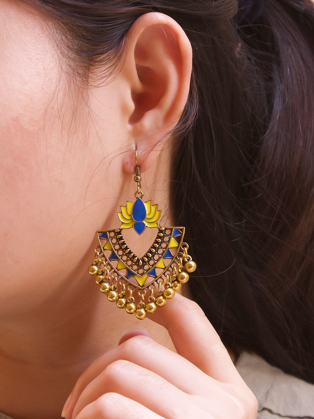 Gold Plated Yellow And Blue Color Lotus Design Afghani Earring