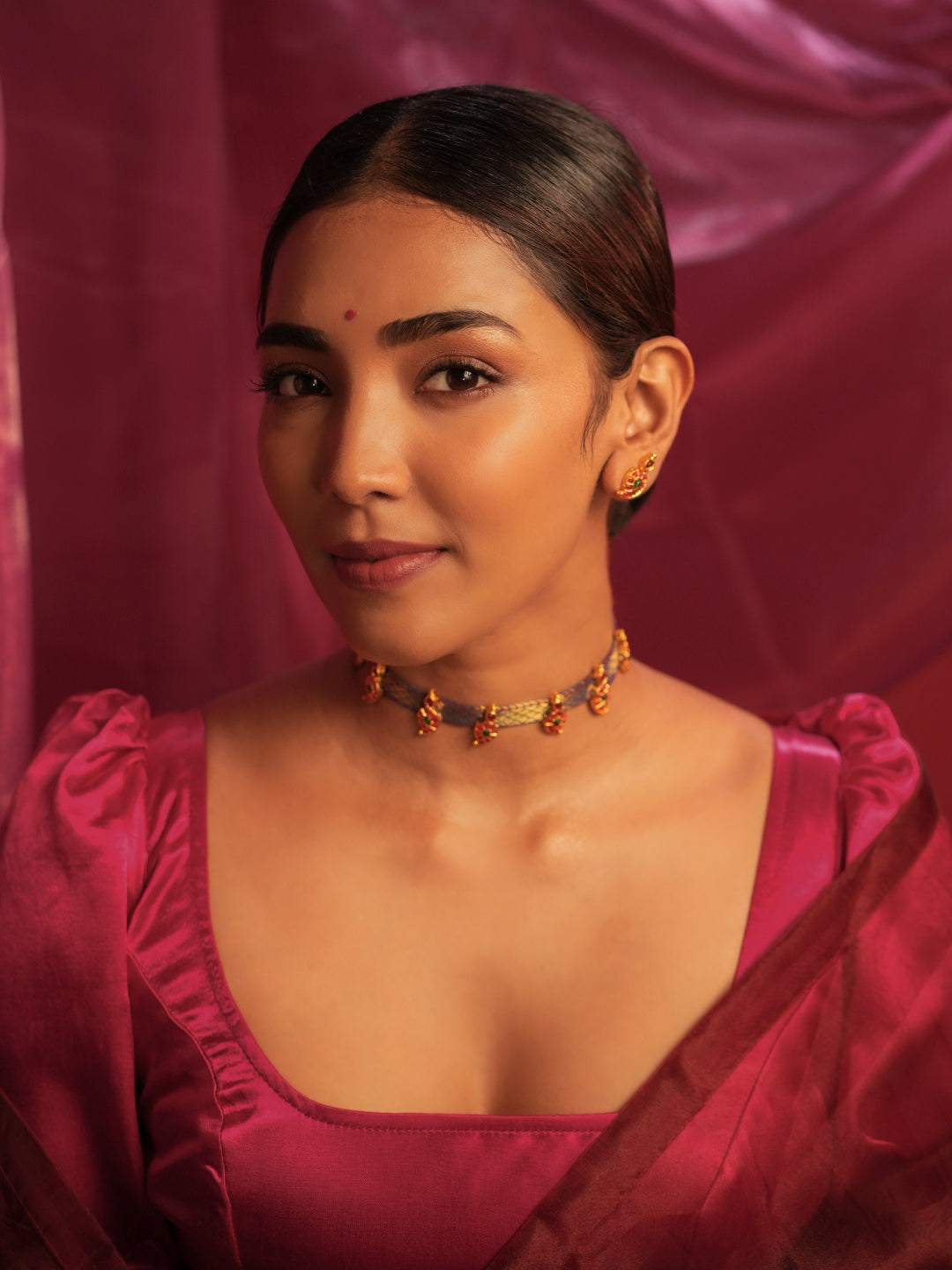 Zariva — Gold Tone Blue Zari Temple Choker Necklace Set