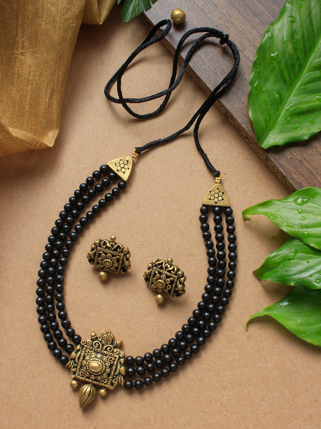 Samriddhi — Rani Haar Style Black Antique Gold 3 Layered Handmade Terracotta Necklace Set