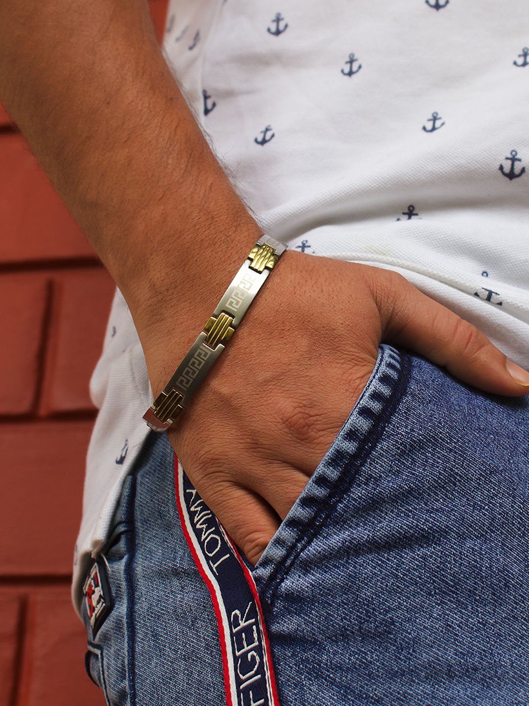 Avismaya Gold And Silver Plated Geometric Design Mens Bracelet