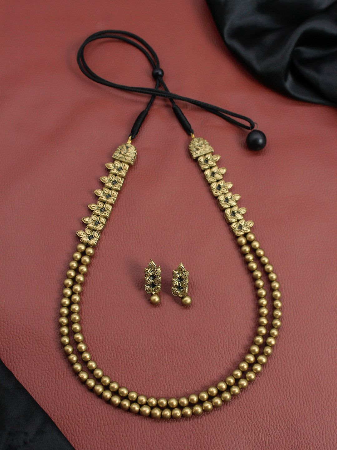 Two Layered Antique Gold Beads Handmade Terracotta Necklace Set