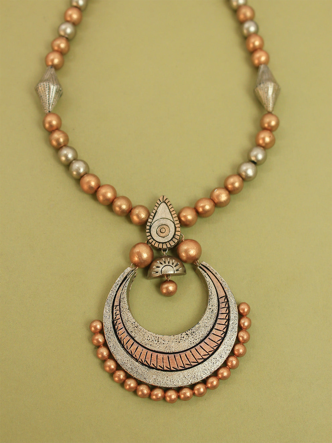 Antique Gold Toned Halfmoon Design Pendant Medium Handmade Terracotta Necklace Set