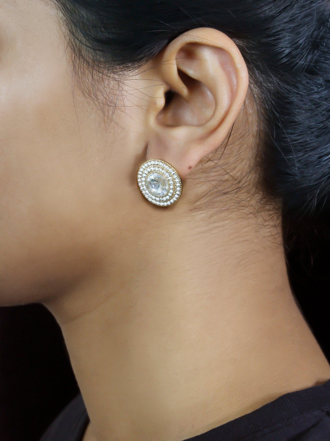 Round Design White Stud With Stones Earring