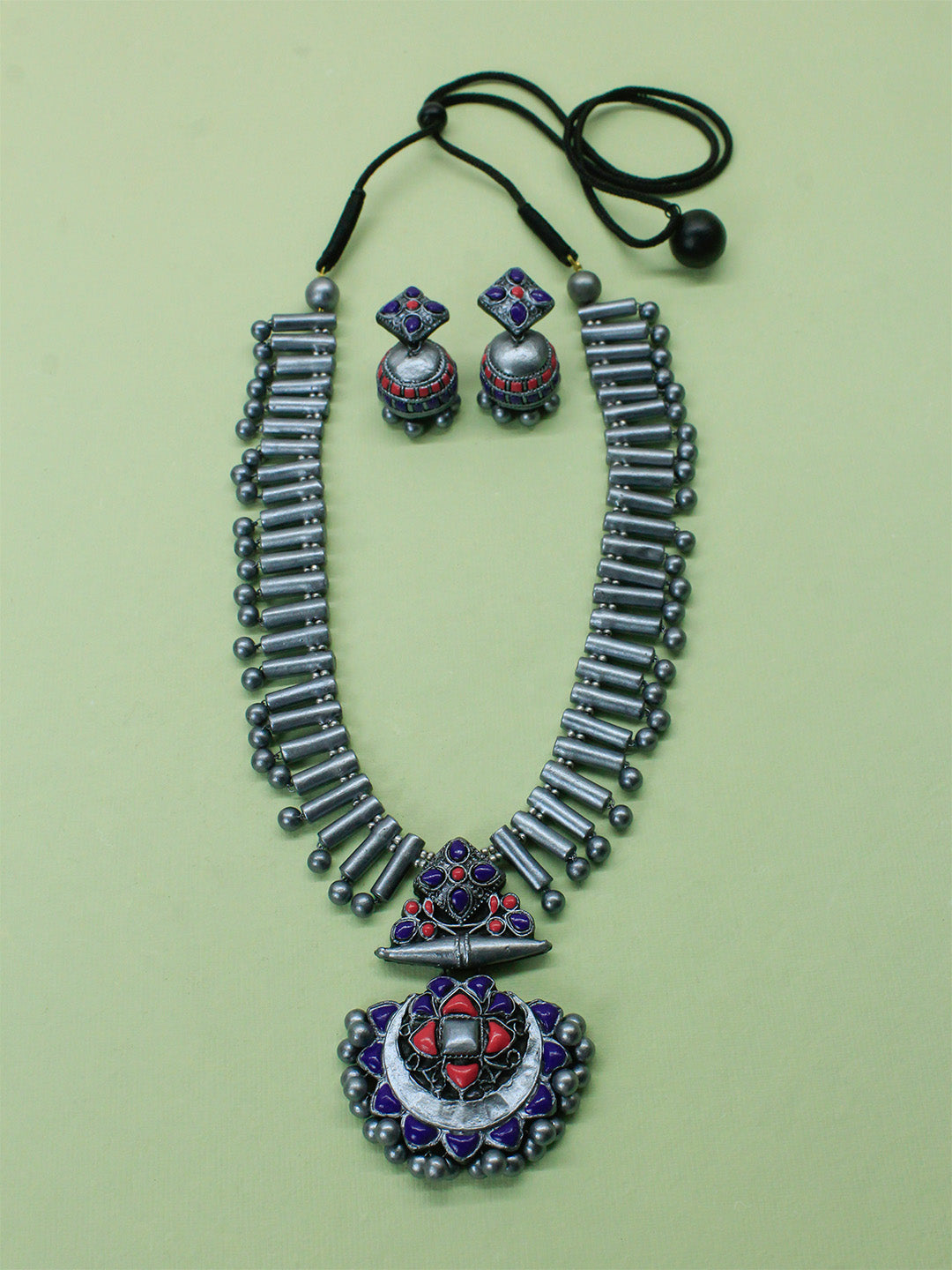 Antique Silver Pink Purple Fringe Pattern Contemporary Style Handmade Terracotta Necklace Set