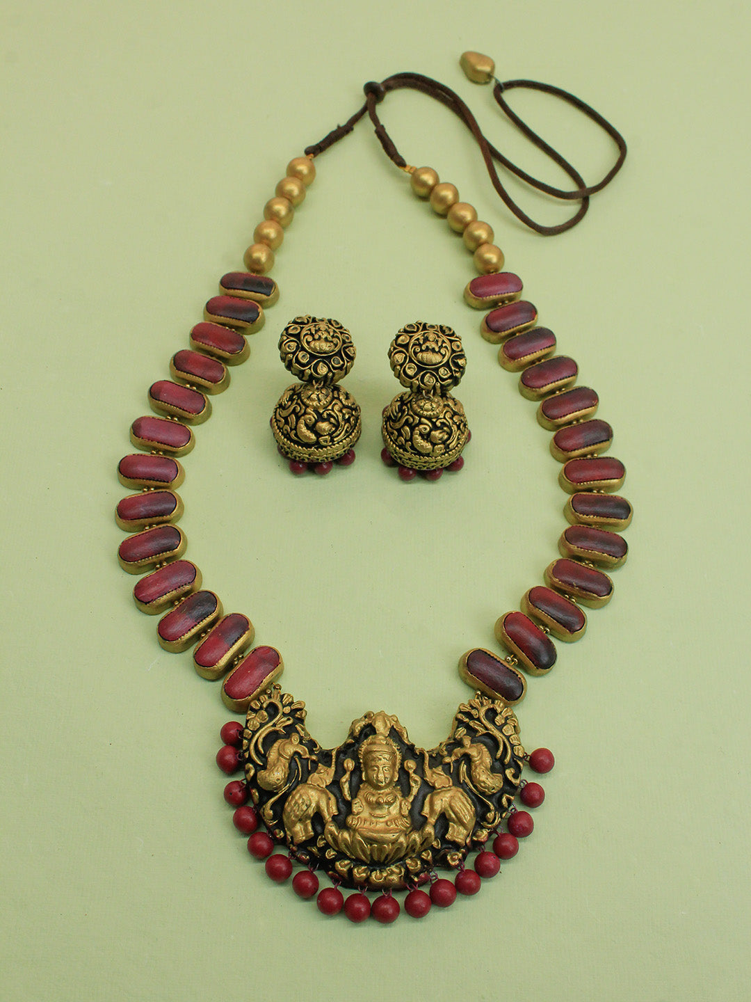 Antique Gold Maroon Wine Handmade Terracotta Geometrical Design Long Lakshmi Haram Necklace Set