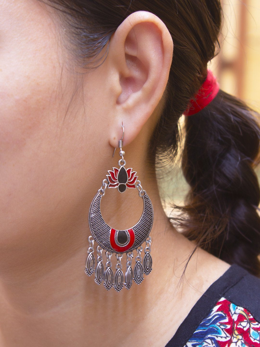 Silver Plated Lotus Design Red Color Hanging Dangle Earring