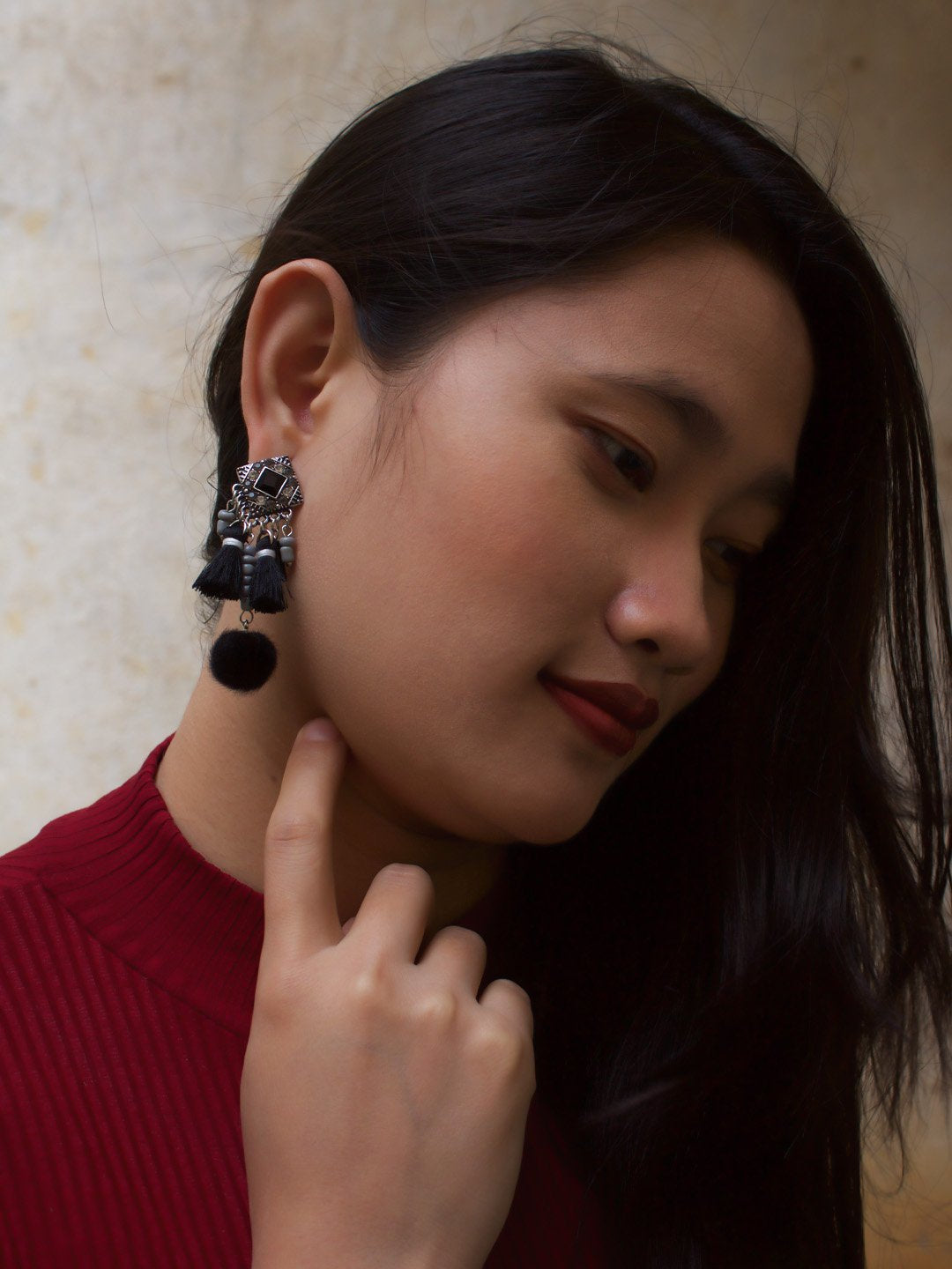 Black Color Tassel With Pom Pom Hanging Earring