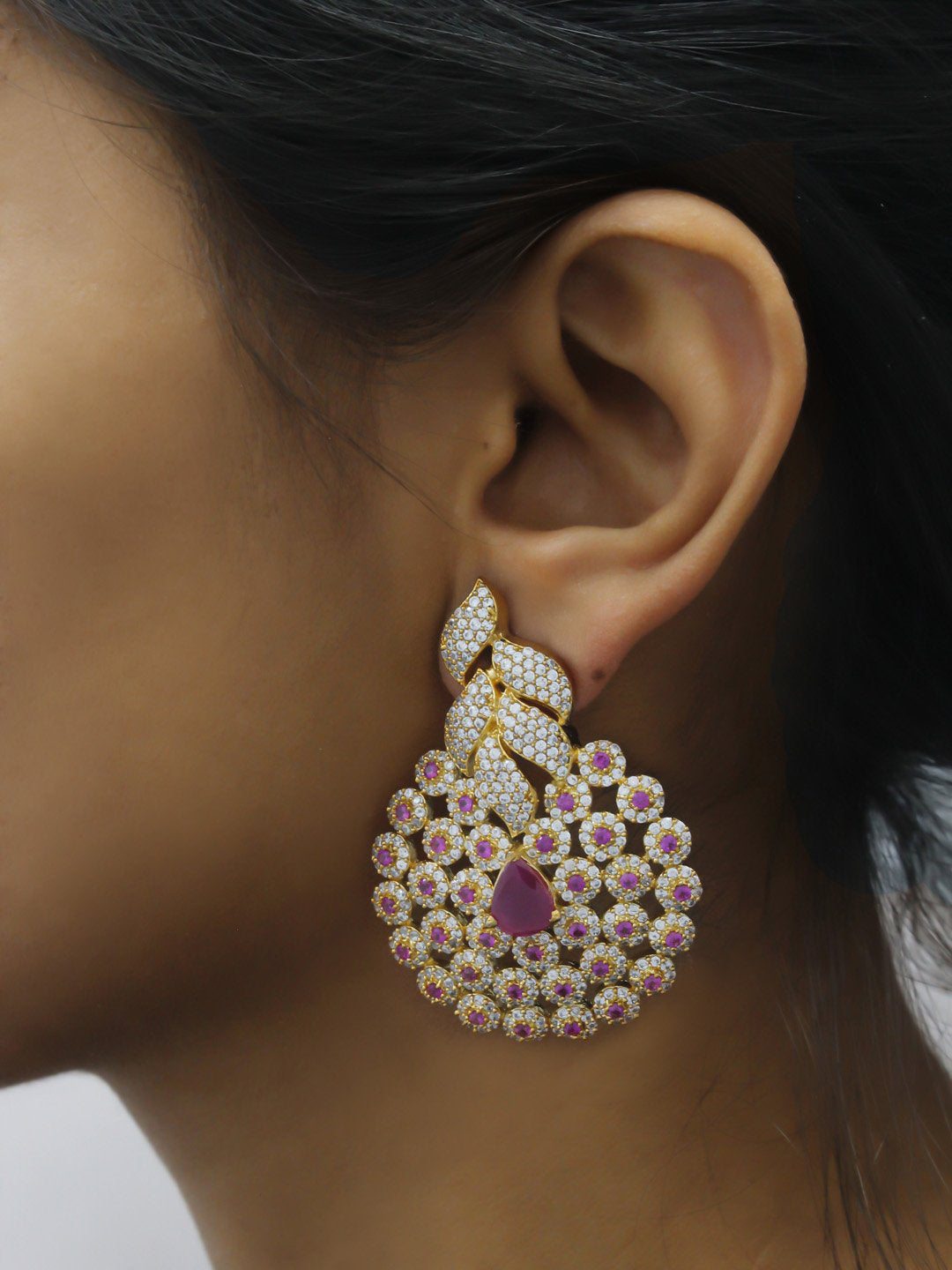 Avismaya Gold Plated Floral Design American Diamond Stone Dangler Earring