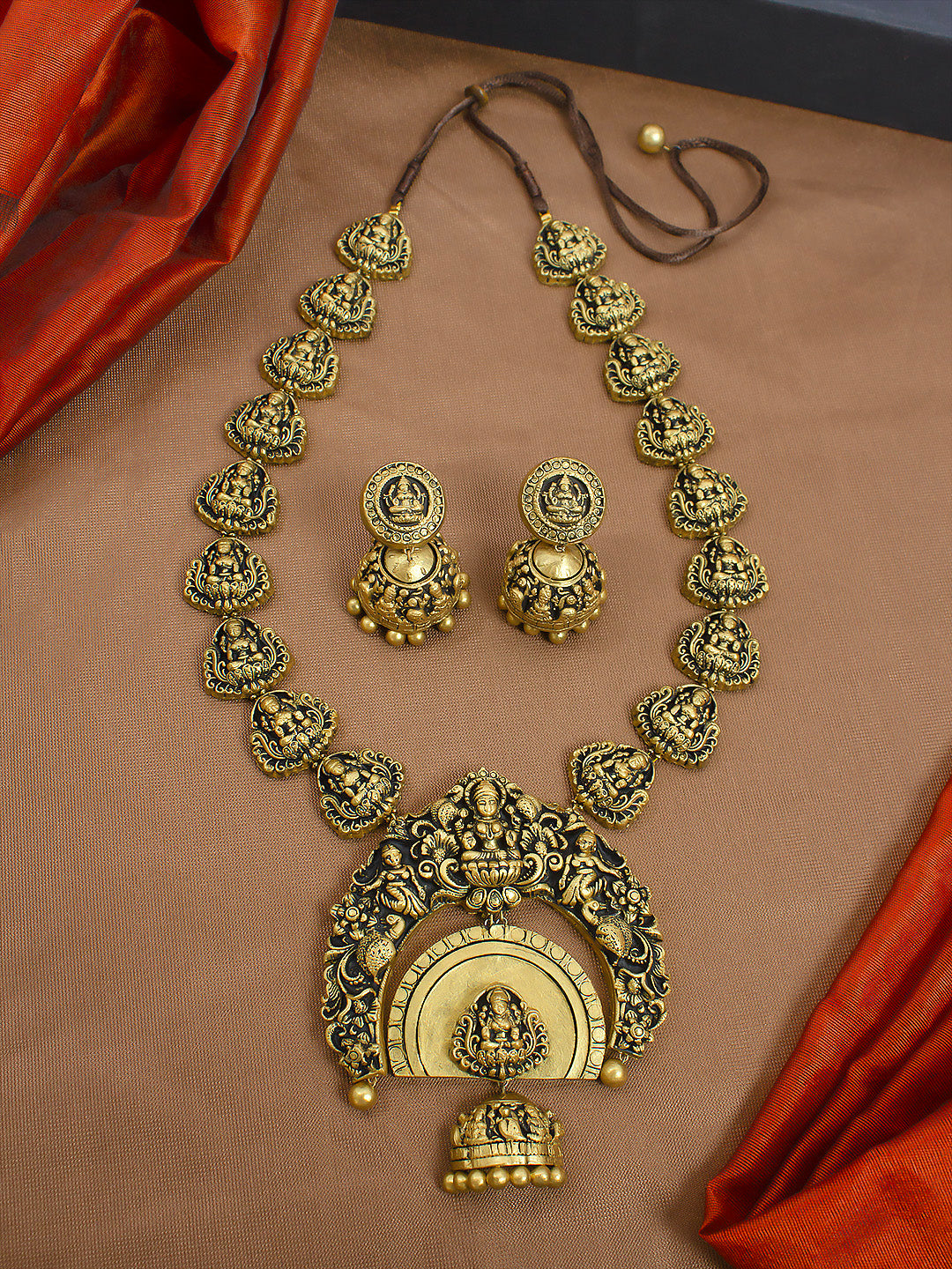 Antique Gold Lakshmi Design Jhumka Pendant Style Long Haram Handmade Terracotta Necklace Set
