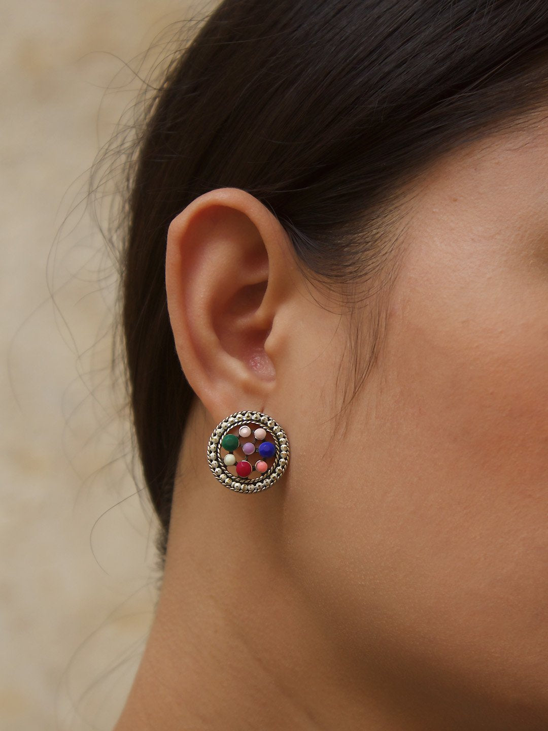 Round Design Multicolor Stud With Stones Earring