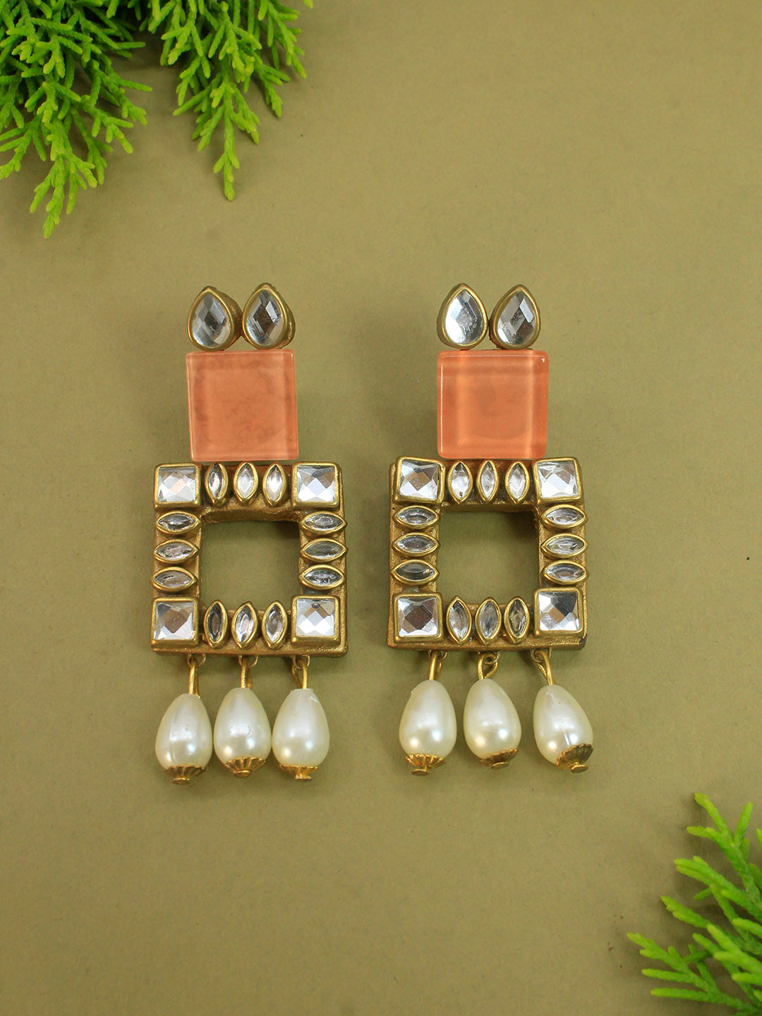 Square and Rectangular Design Fusion Kundan Stone Handmade Terracotta Earrings