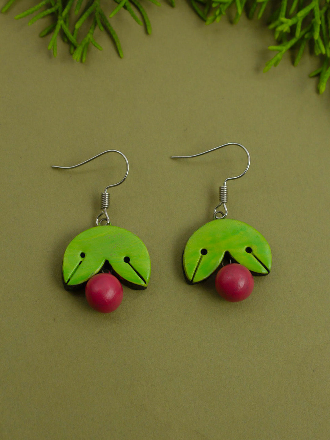 Green Leaf and Cherry Design Handmade Terracotta Earrings