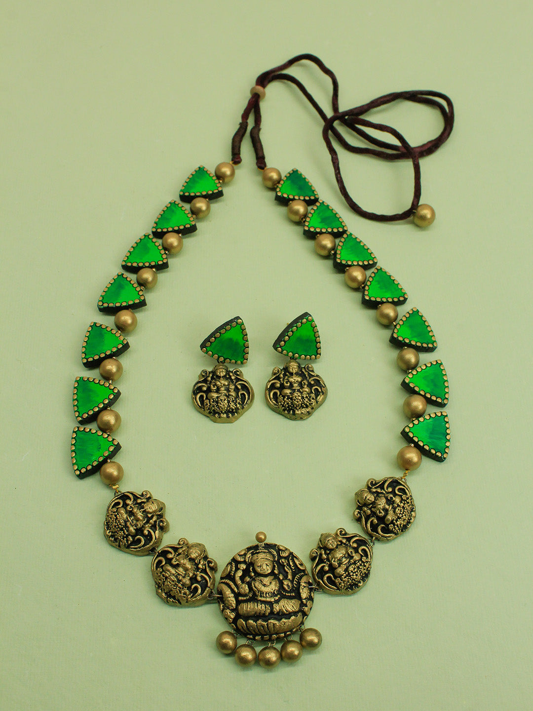Antique Gold Green Geometrical Pattern and Lakshmi Design Handmade Terracotta Necklace Set