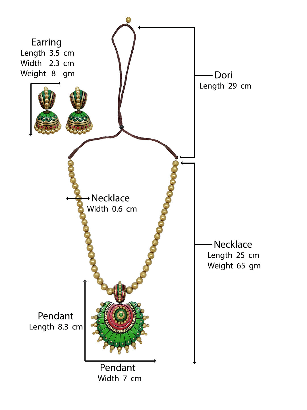Antique Gold Toned Circular Shape Green Color Pendant Terracotta Medium Necklace Set