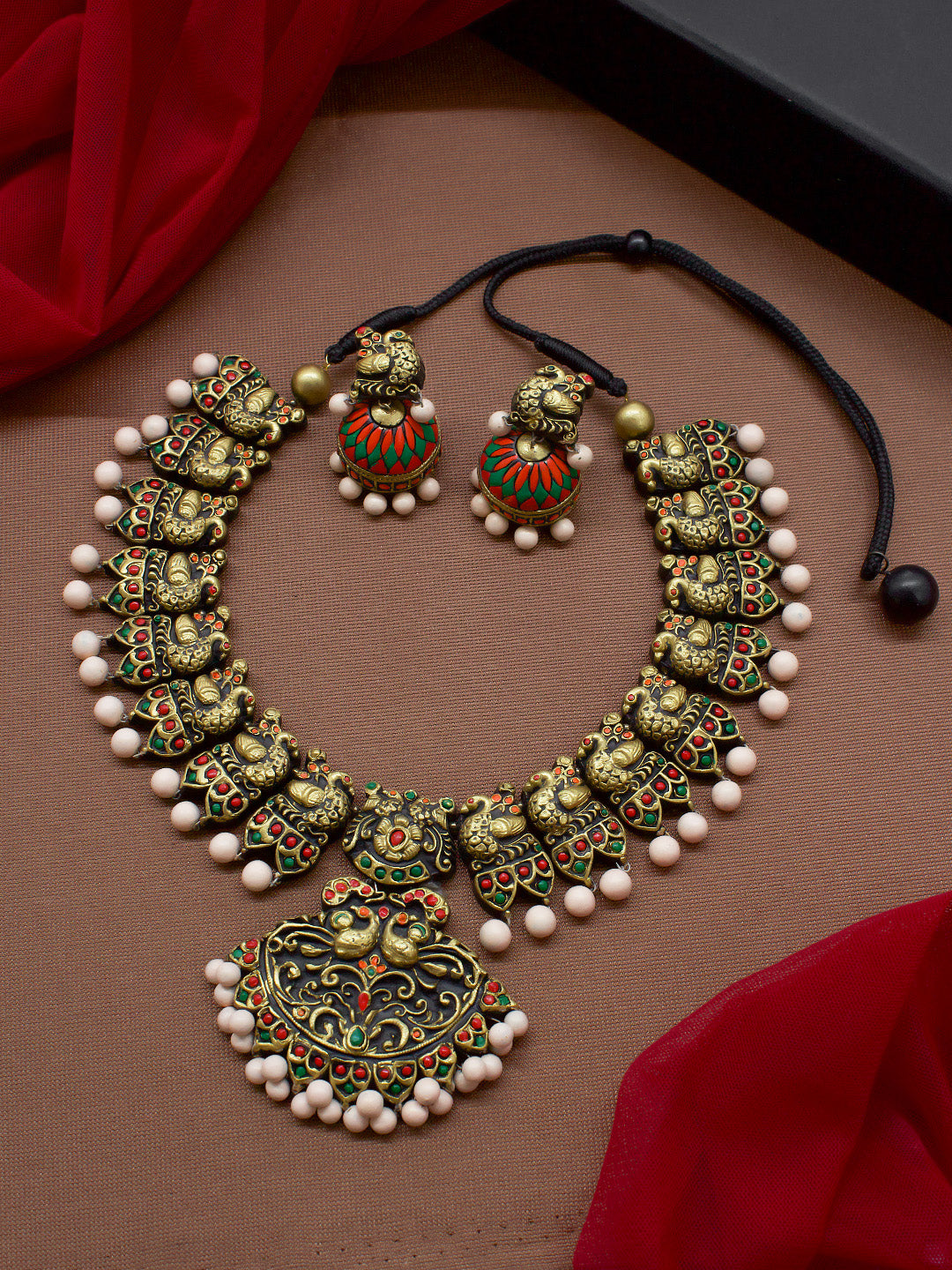 Peacock Design Hand Painted Terracotta Jewellery Set