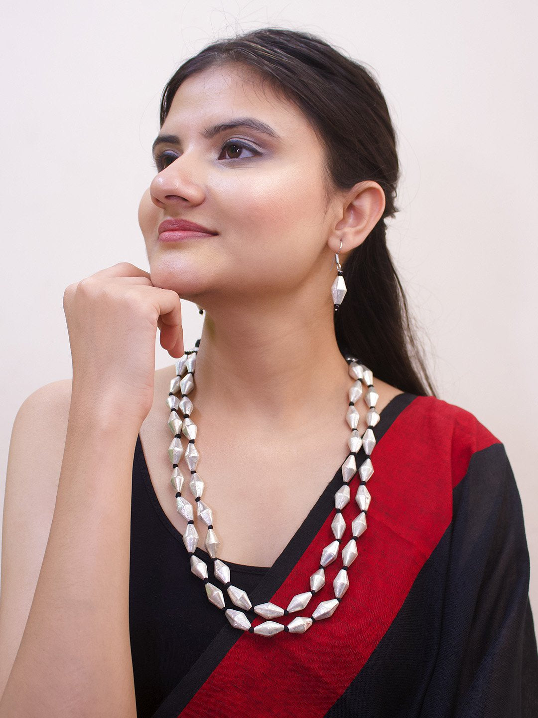 Silver Plated Parallelogram Design Two Layered Long Necklace Set