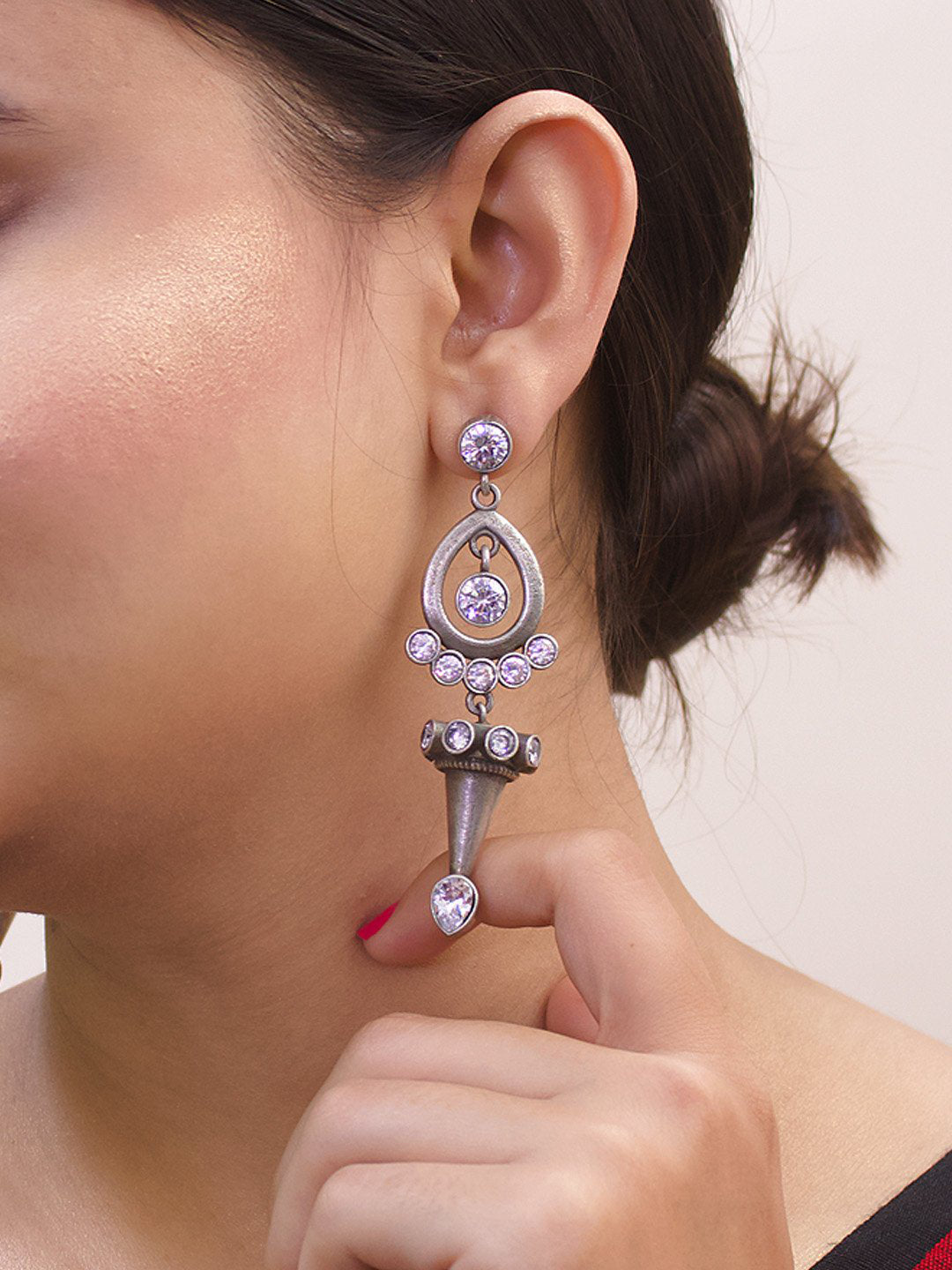 Silver Plated Teardrop Design White Color Artificial Stone Dangler Earring