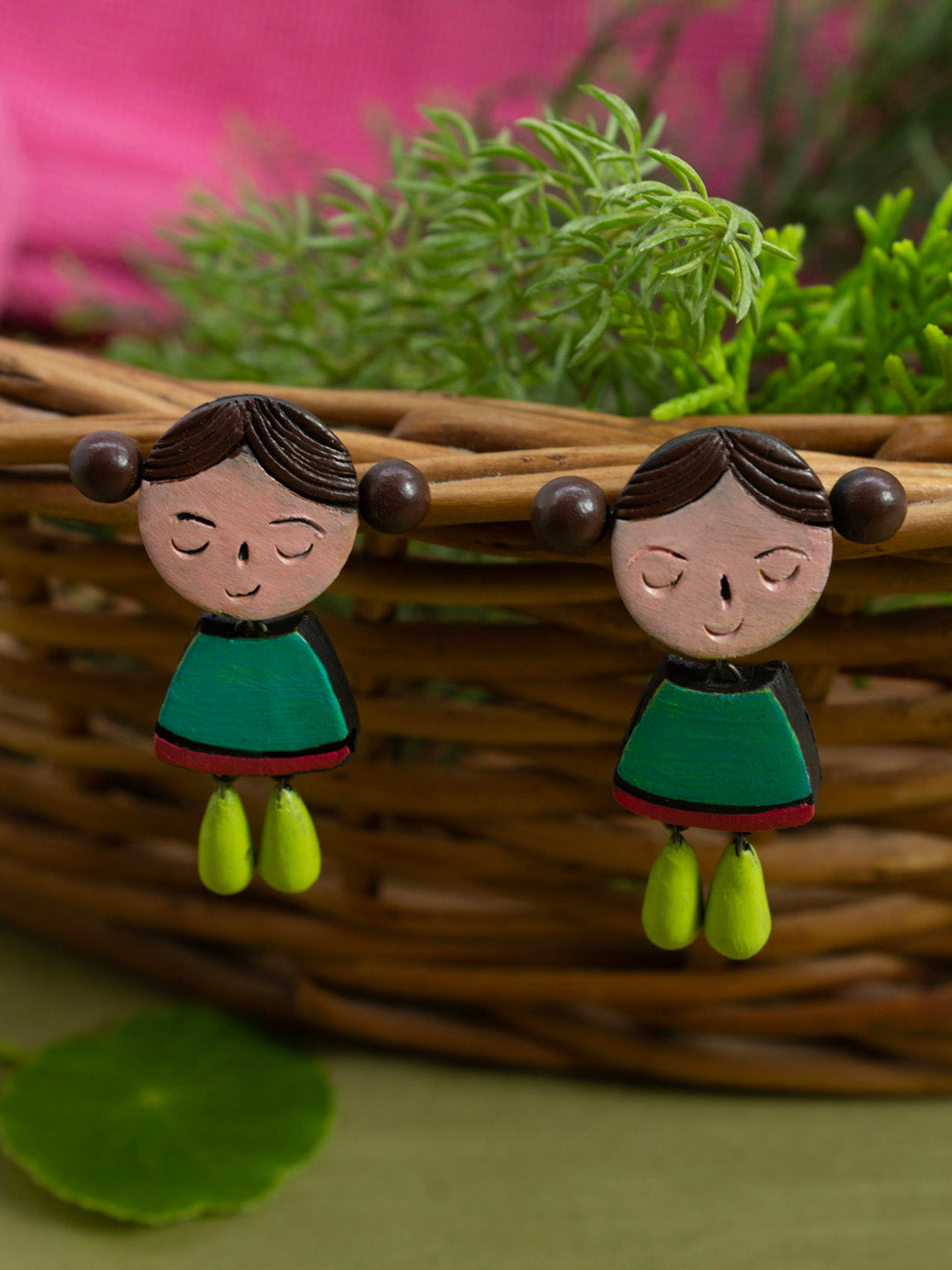 Little Girl Design Pink Green Brown Handmade Terracotta Earrings