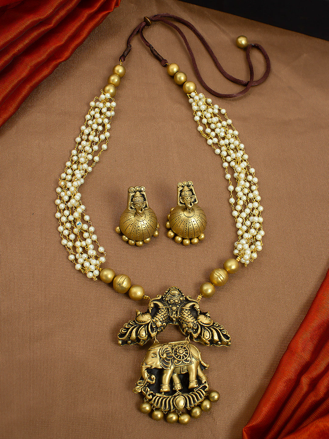Layered Pearl Elephant Peacock Design Temple Art Handmade Terracotta Necklace Set