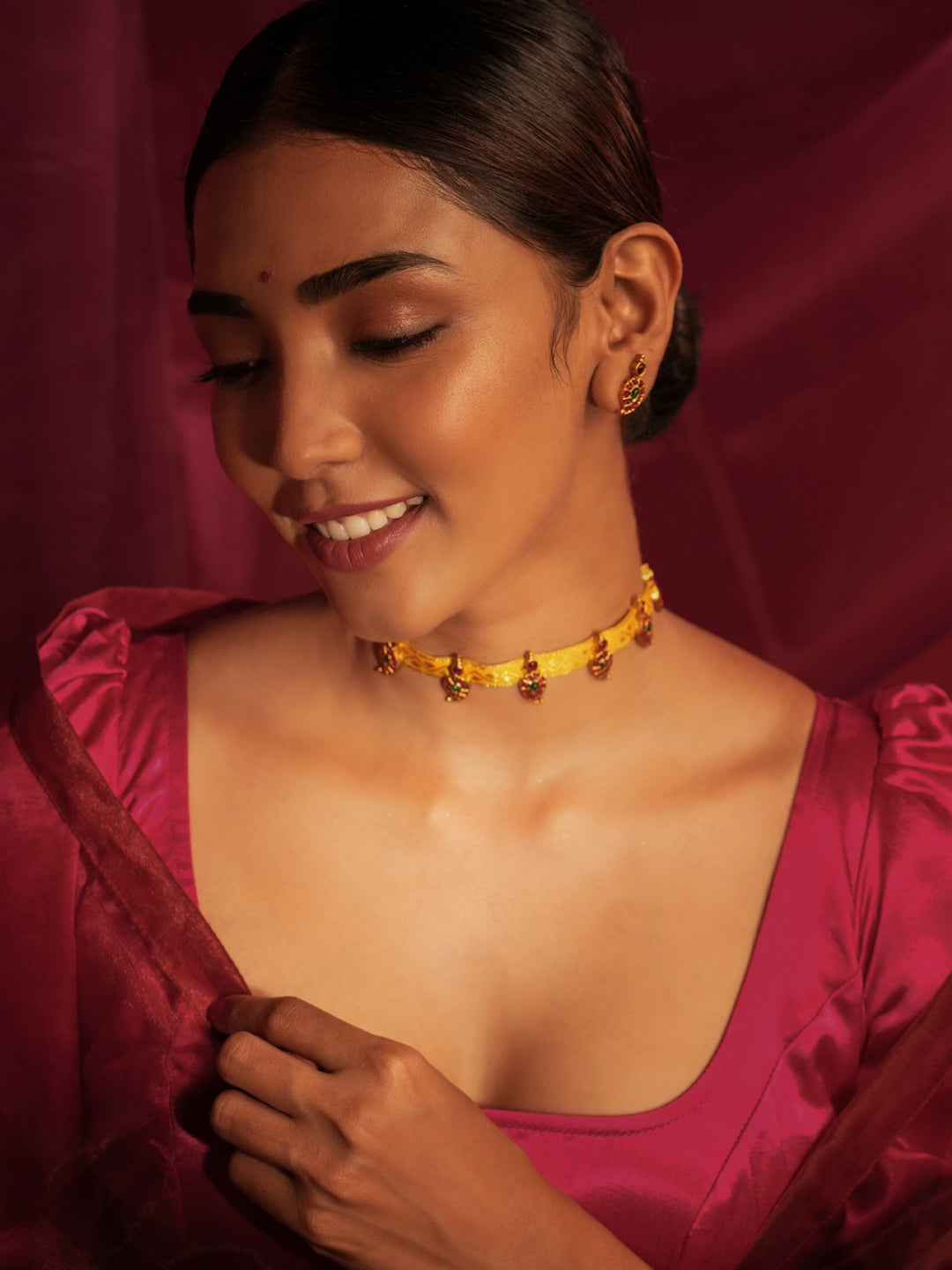Zarvanya — Gold Tone Yellow Zari Temple Choker Necklace Set