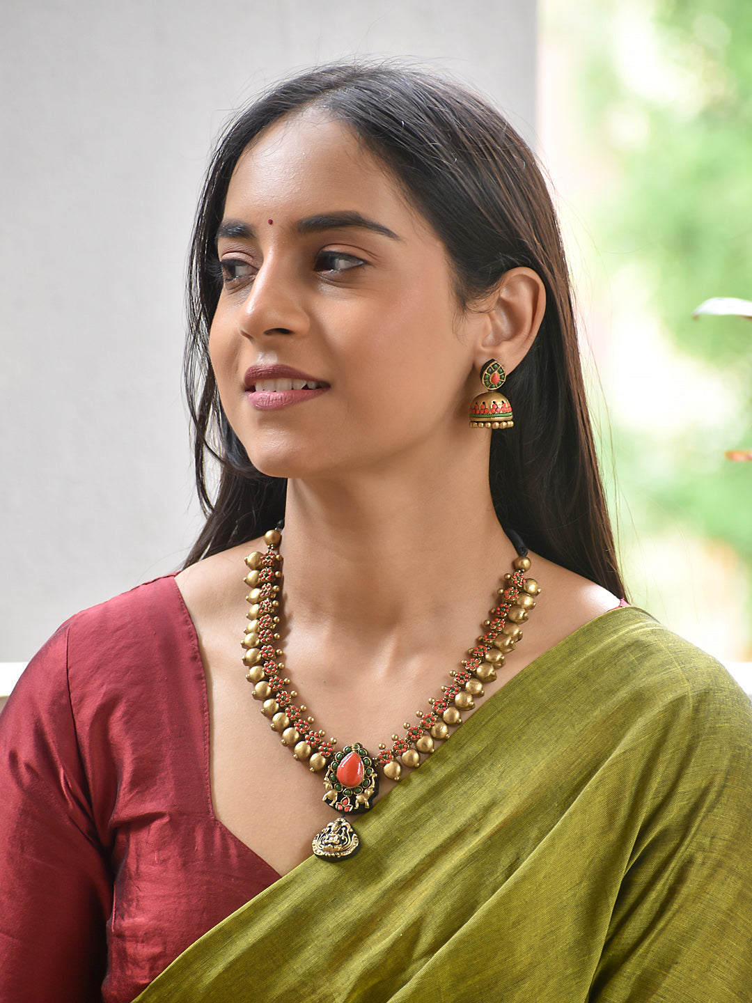 Terracotta Statement Necklace with Floral Drop Pendant