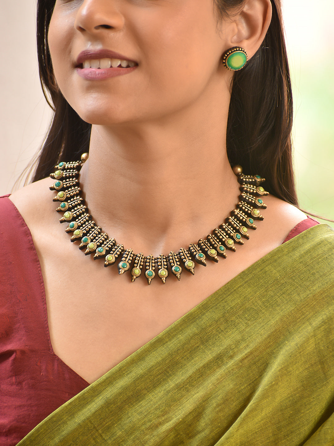 Terracotta Green Bead Fringe Choker Necklace Set