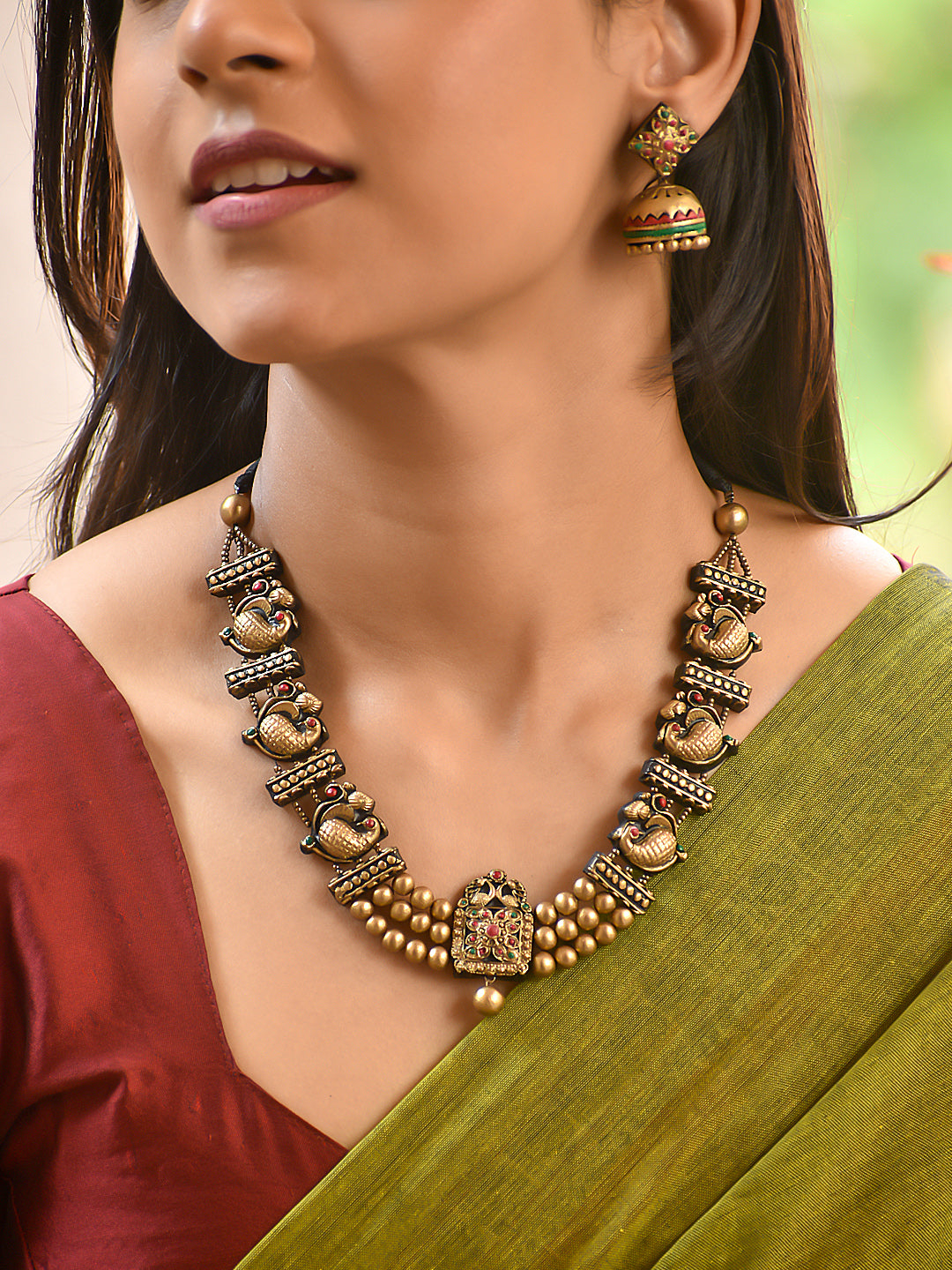 Terracotta Temple Motif Necklace with Bead Detailing