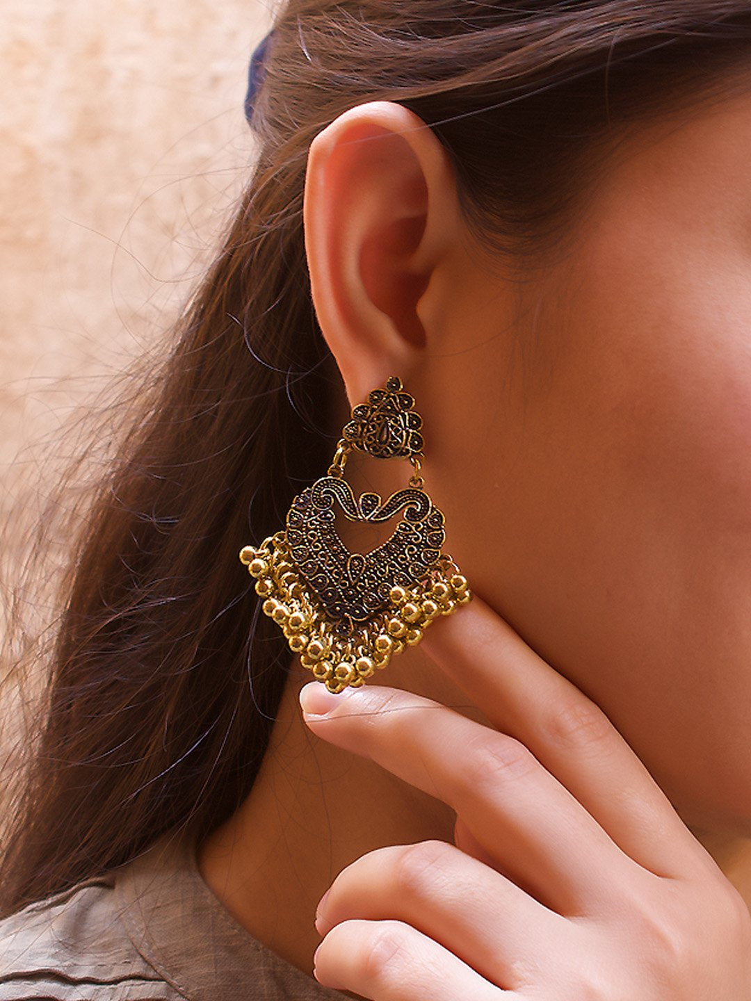 Gold Plated Floral Design With Hanging Ghungroos Dangler Earring