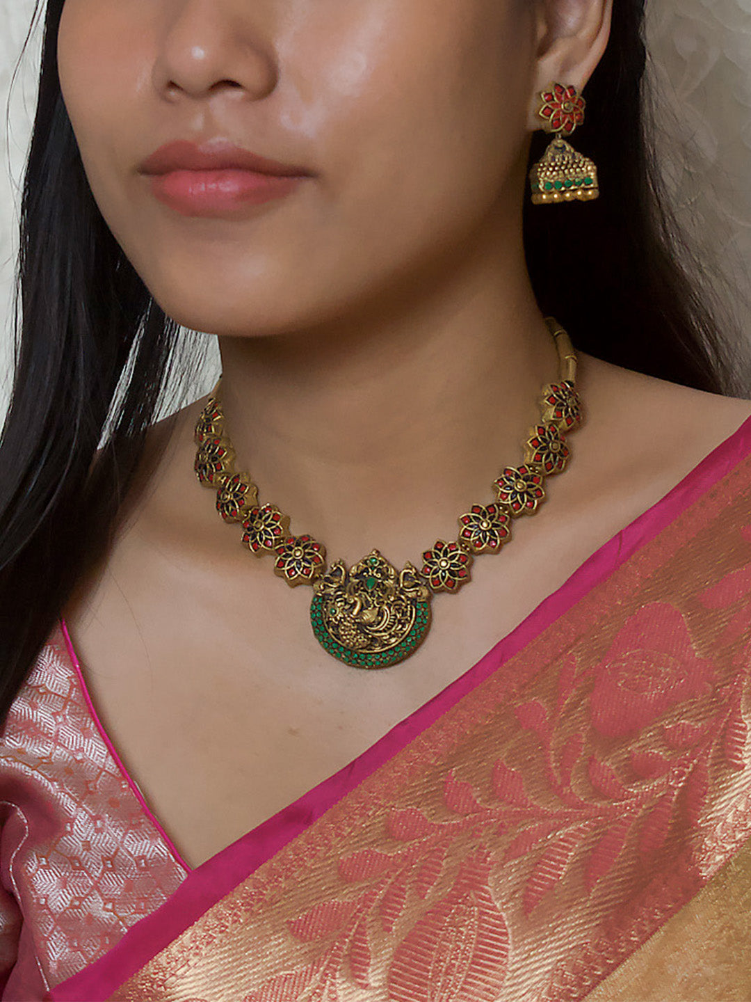 Antique Gold Red Green Floral Mandala Art andPeacock Design Tube Pattern Handmade Terracotta Necklace Set