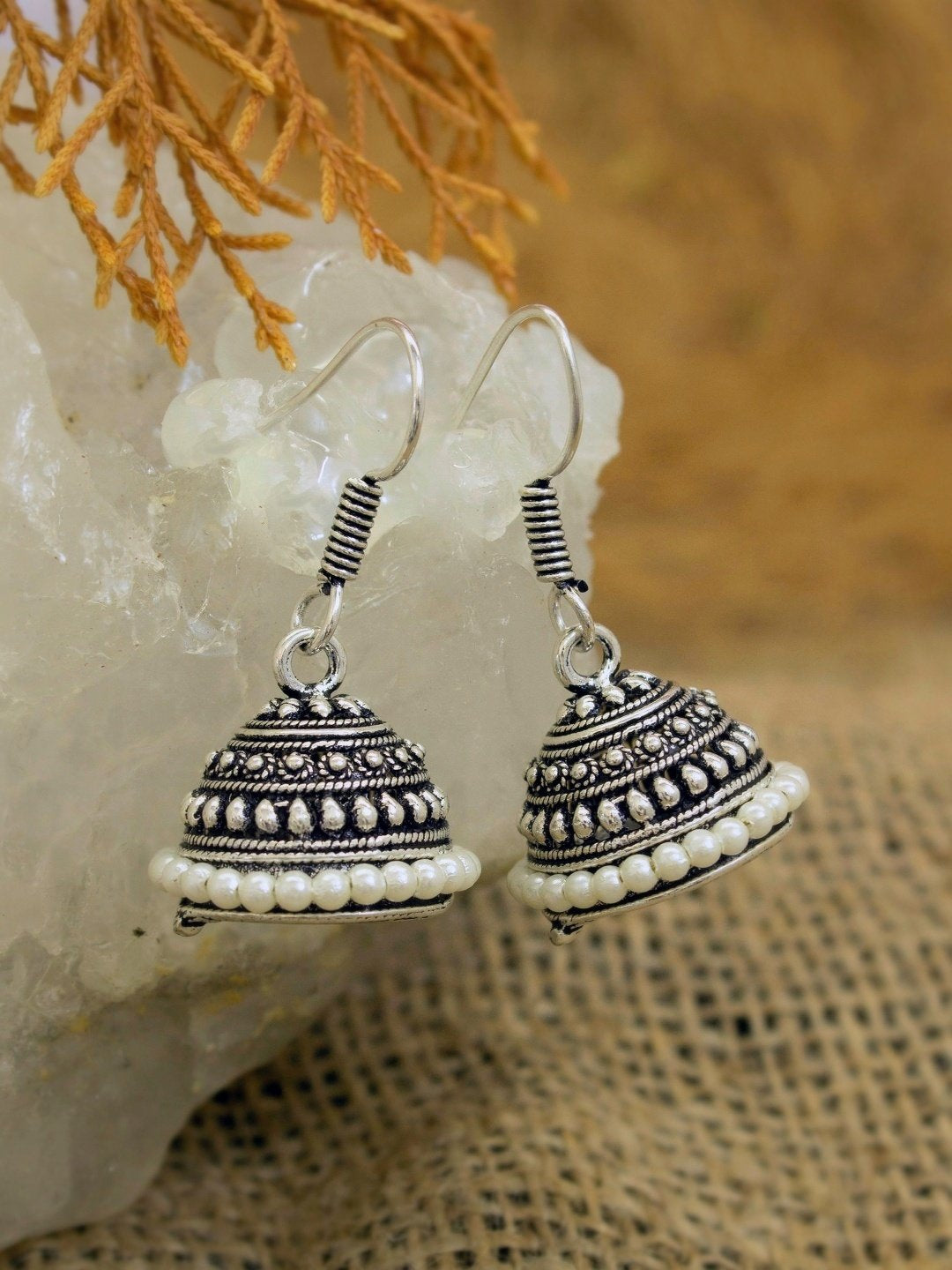 German Silver Jhumkas With White Droppings