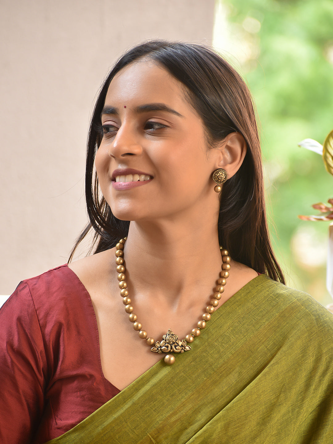 Terracotta Gold Bead Necklace with Temple Pendant