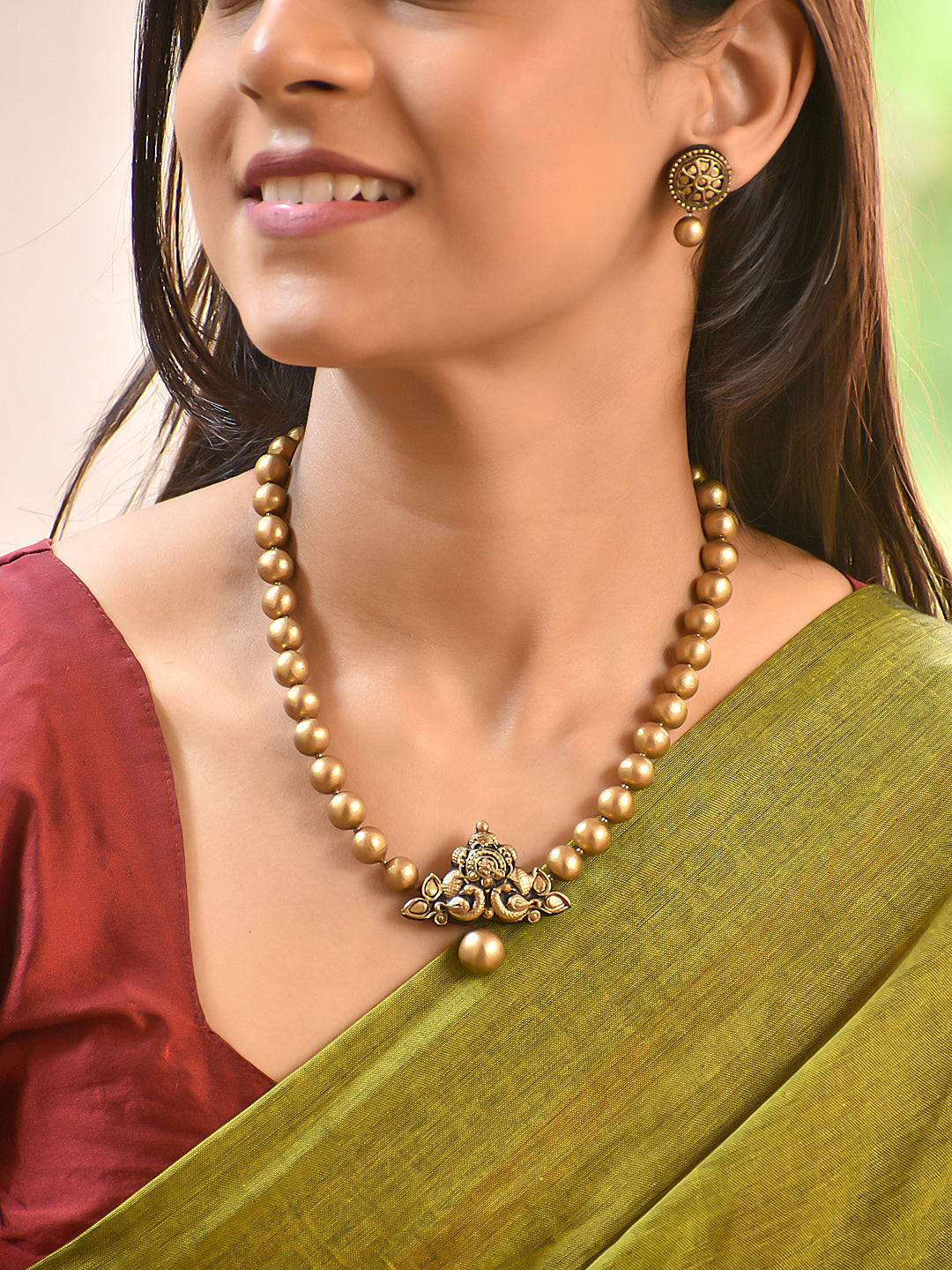 Terracotta Gold Bead Necklace with Temple Pendant