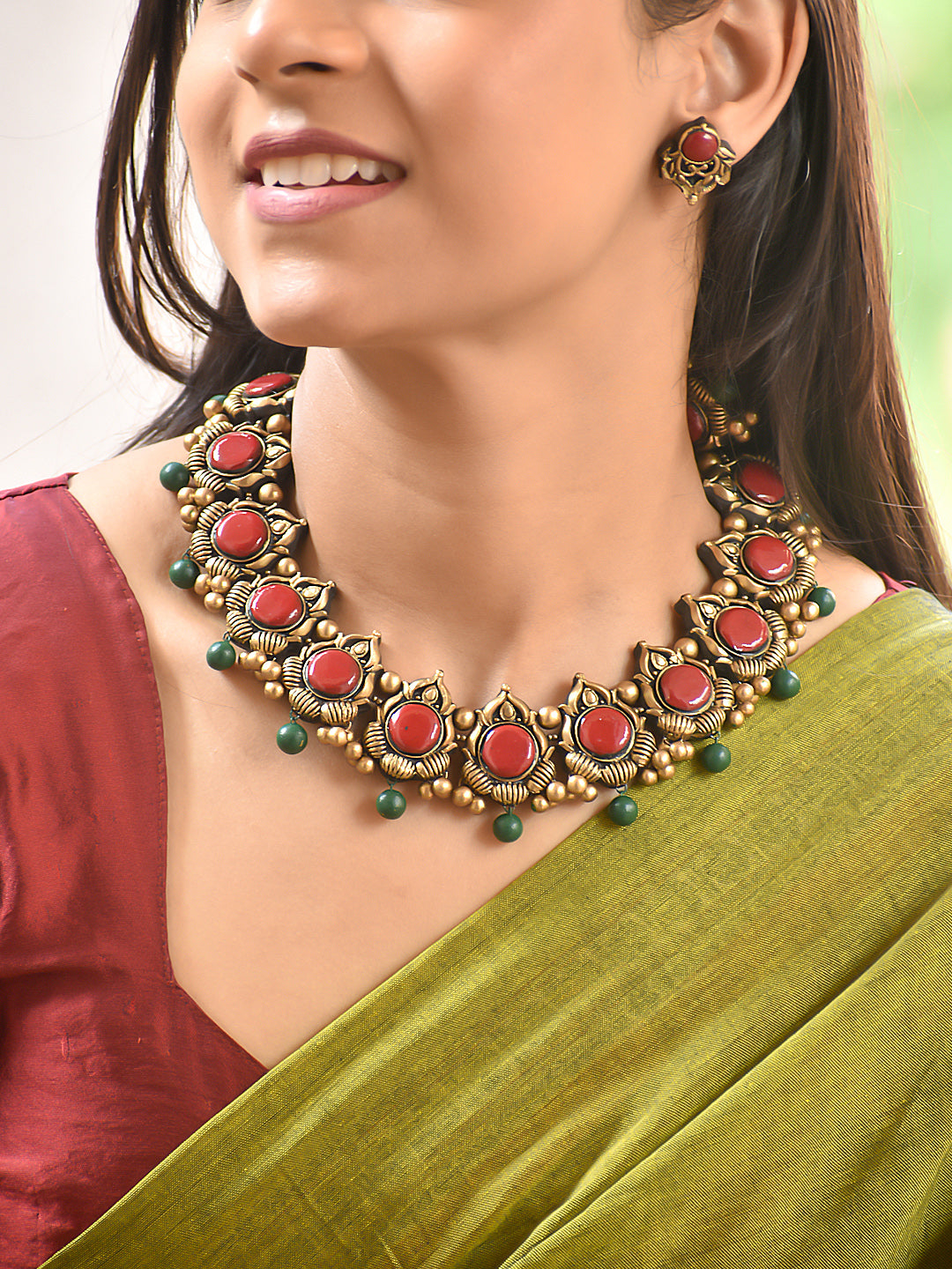 Terracotta Red Stone Choker with Floral Motifs