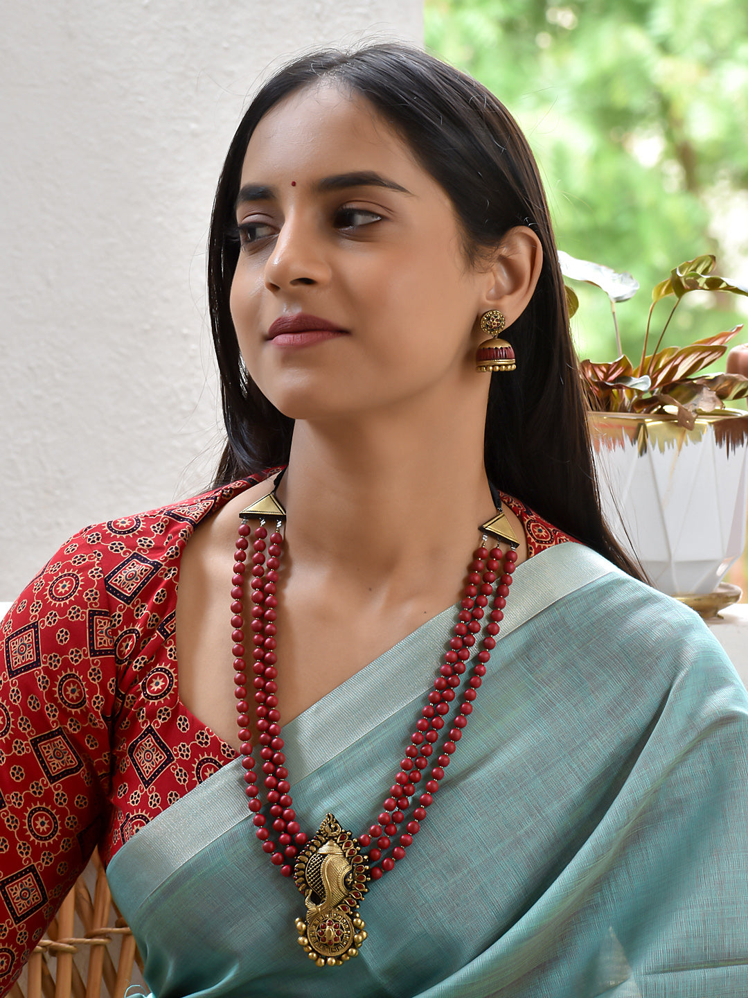 Terracotta Multi-Strand Bead Necklace with Ethnic Pendant