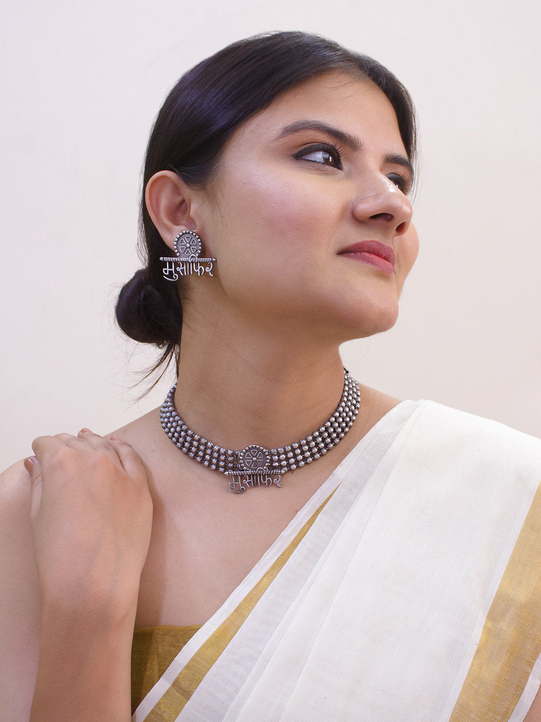 Silver Plated Musafir Design Choker Necklace Set