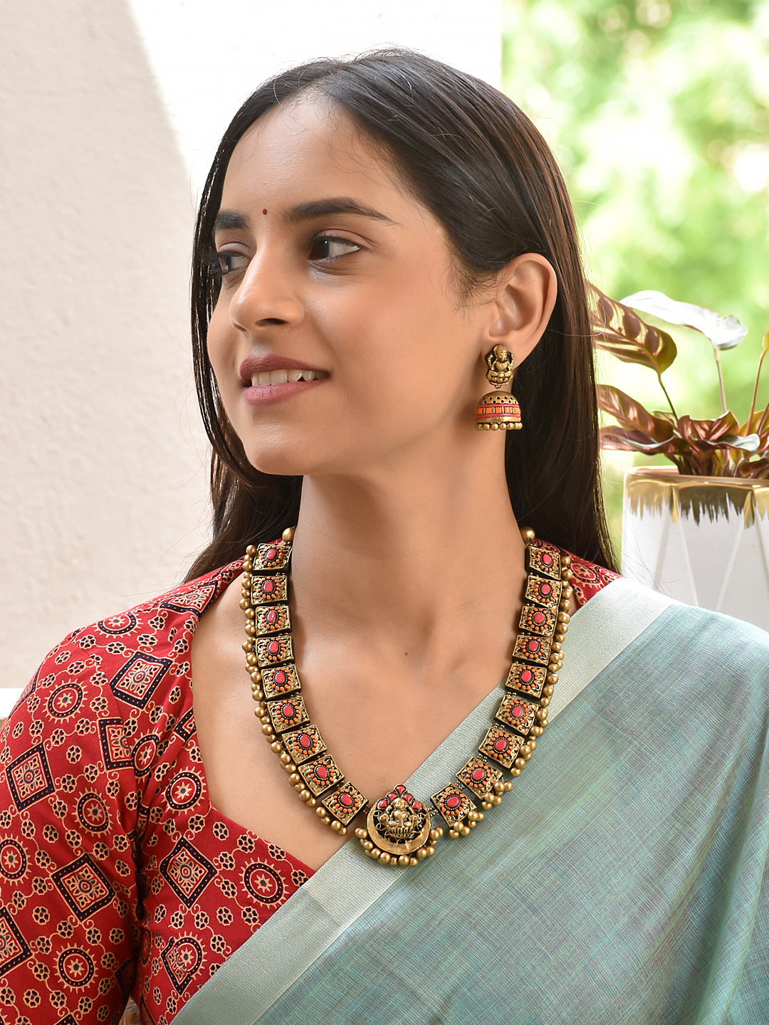 Terracotta Square Motif Necklace with Temple Pendant