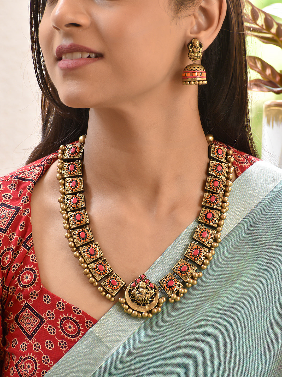 Terracotta Square Motif Necklace with Temple Pendant