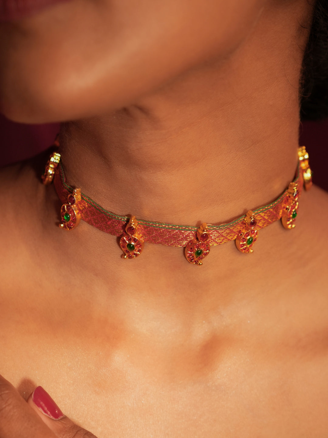 Zarithaara — Gold Tone Pink Zari Temple Choker Necklace Set