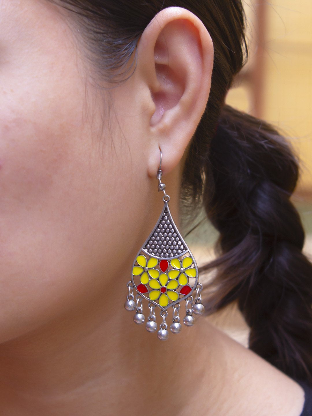 Silver Plated Floral Design Red And Yellow Color Enamel Painted With Hanging Silver Beads Dangler Earring