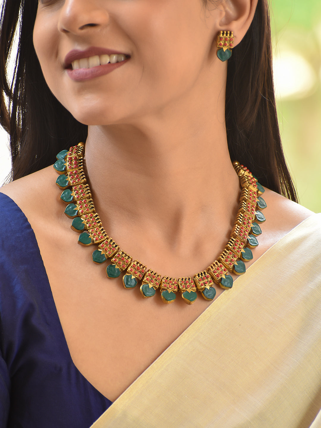 Terracotta Green Teardrop Stone Choker Necklace Set