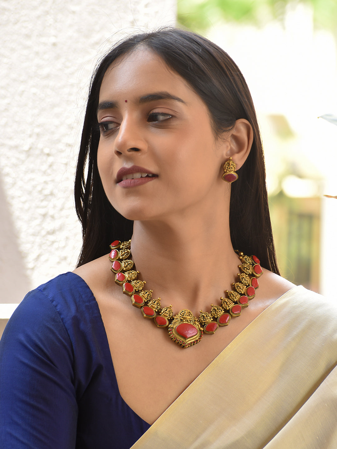 Terracotta Temple Motif Red Stone Necklace Set