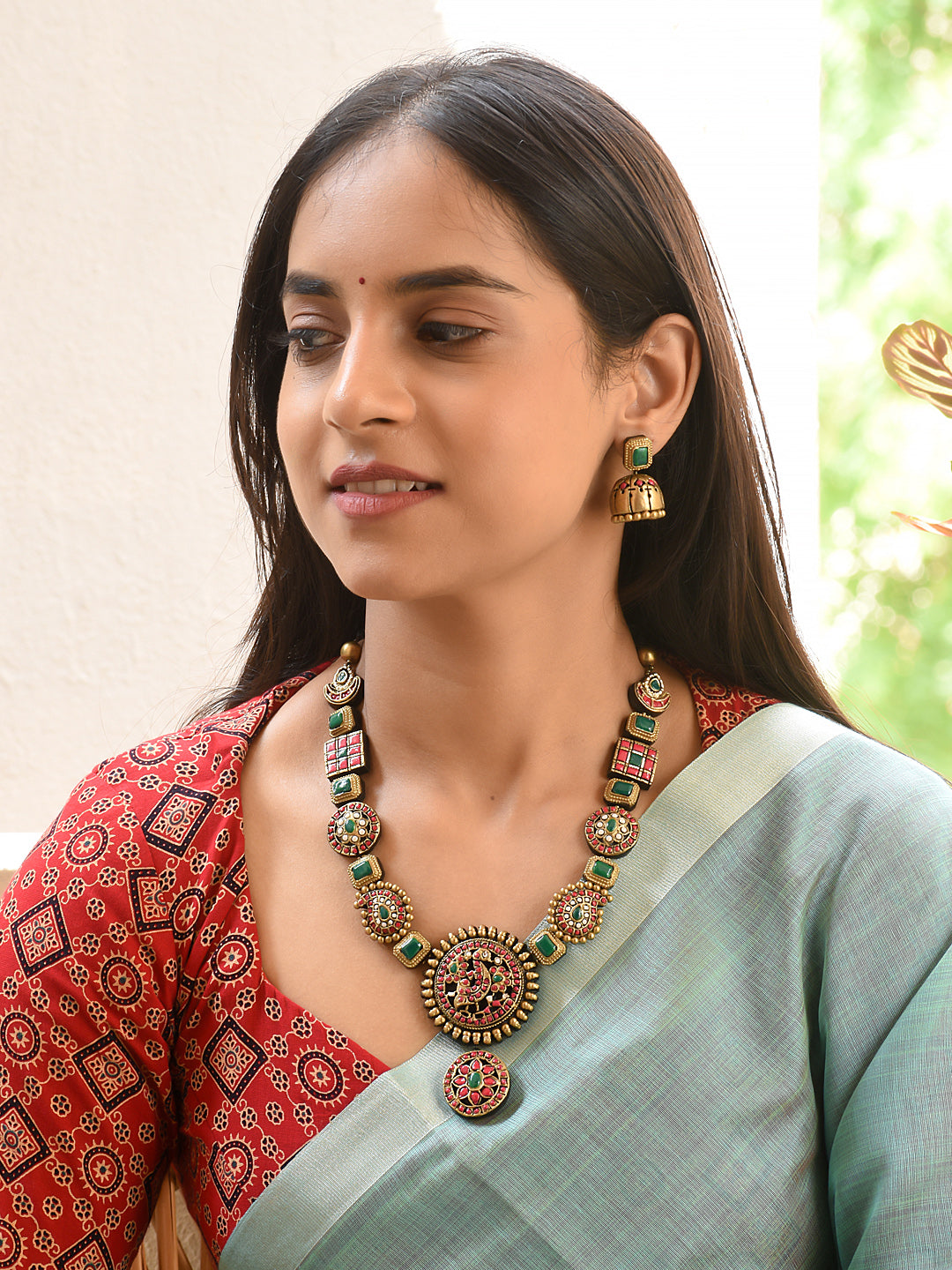 Terracotta Multi-Motif Necklace with Green Stones and Round Pendant