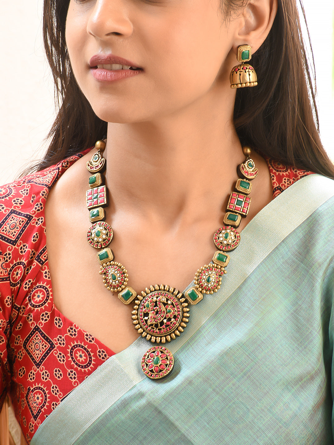 Terracotta Multi-Motif Necklace with Green Stones and Round Pendant