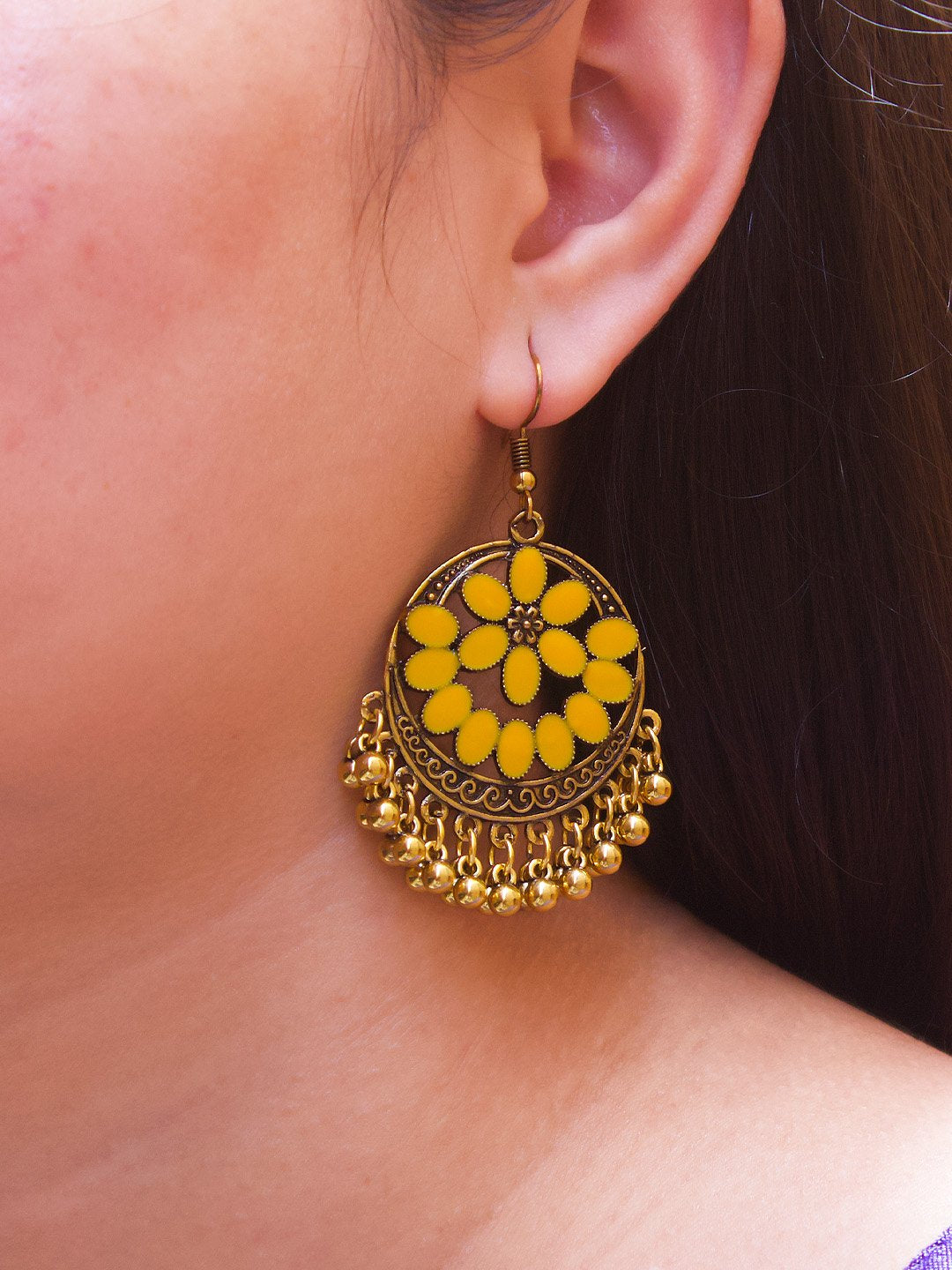 Floral Design Yellow Dangler Afghani Earring