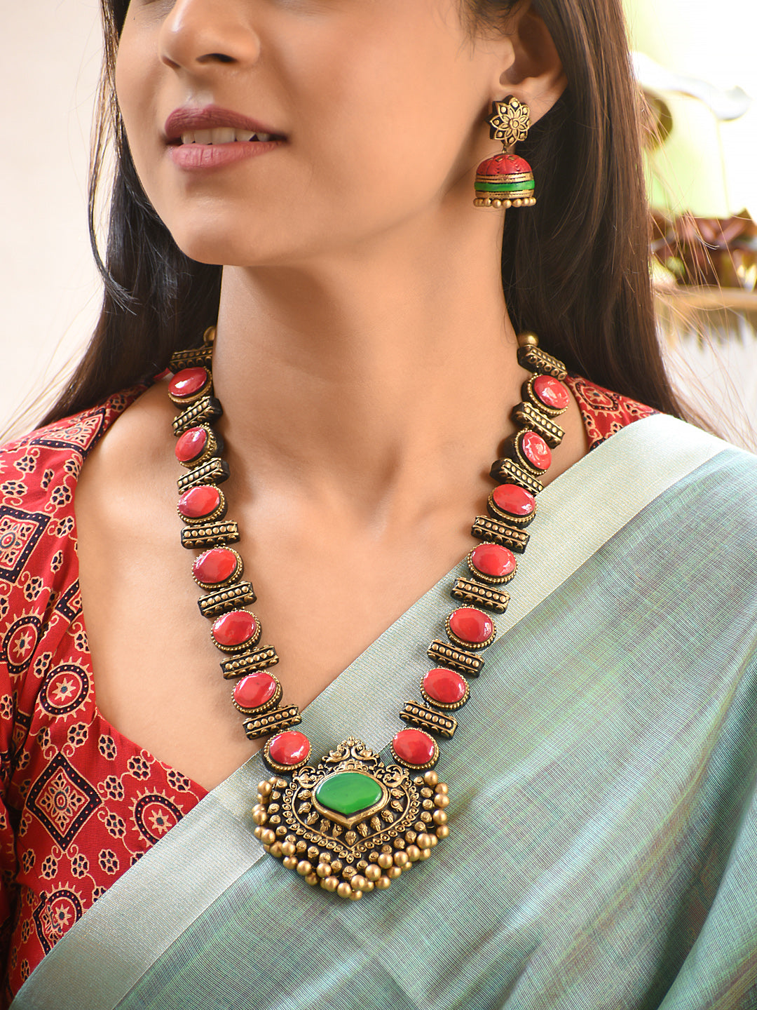 Terracotta Red Stone Necklace with Temple Pendant