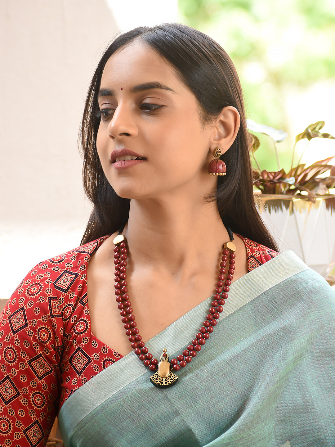 Terracotta Double Strand Bead Necklace with Minimal Pendant