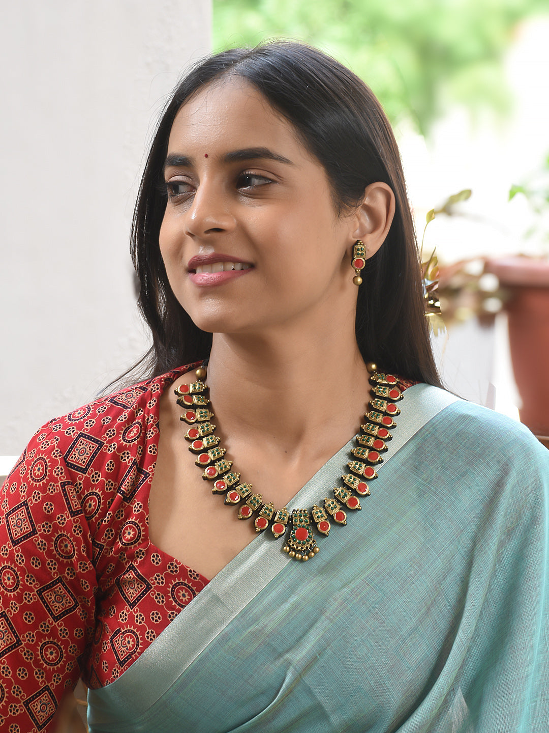 Terracotta Multi-Color Stone Necklace with Repeating Motifs